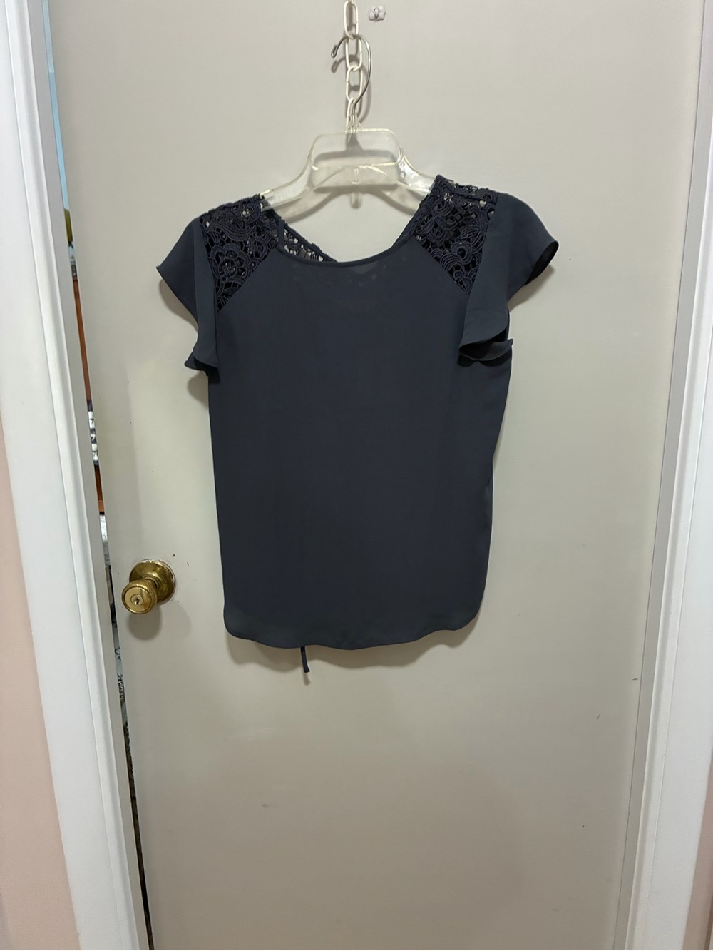 LOFT Charcoal Lace-Shoulder Blouse